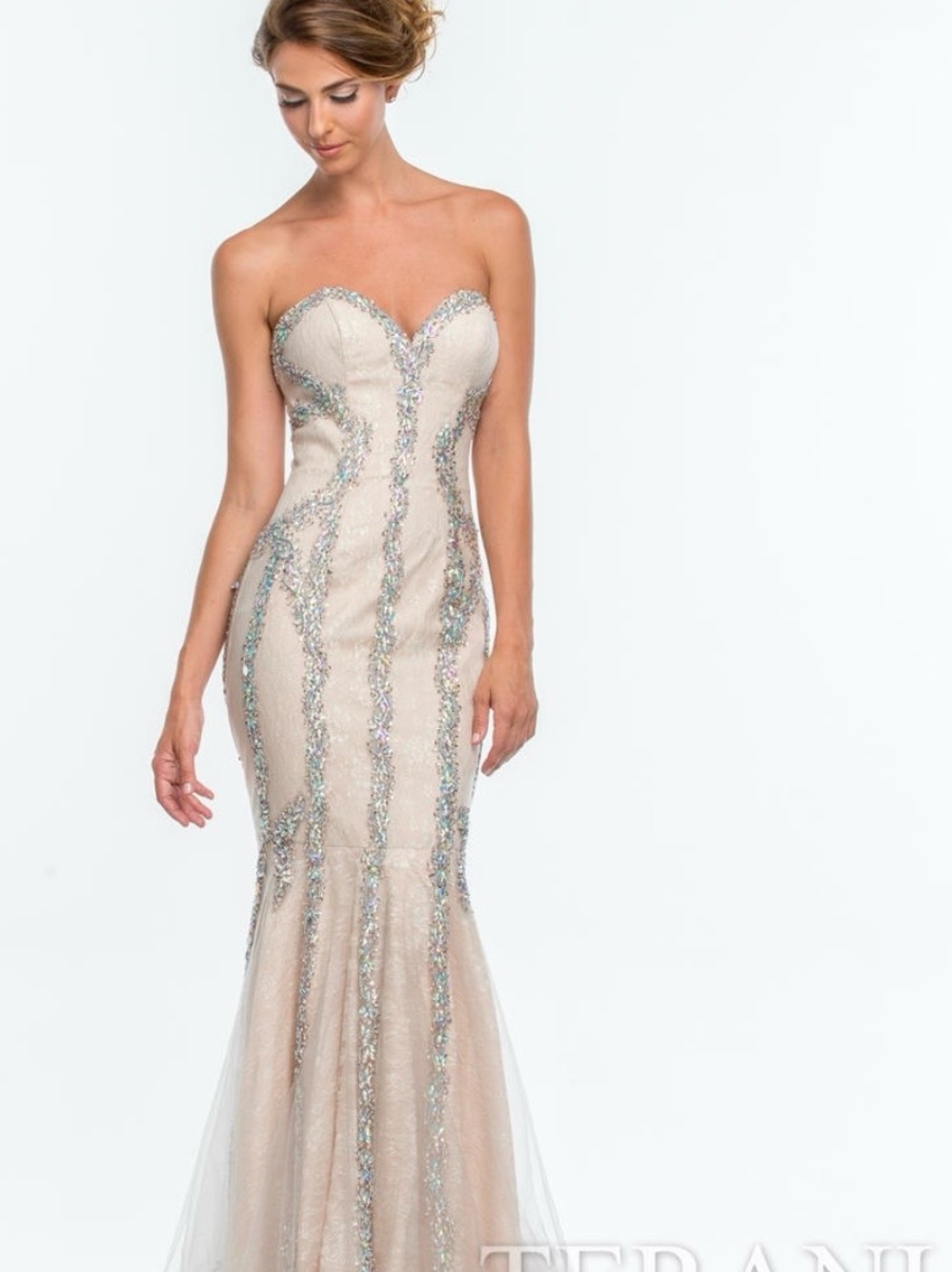 Terani Couture Strapless Beaded Mermaid Gown in Champagne and Silver